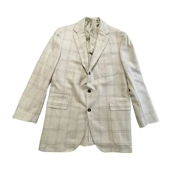Oxxford Clothes Sport Coat Jacket Mens Size 40 R Beige Plaid USA Pure Cashmere
